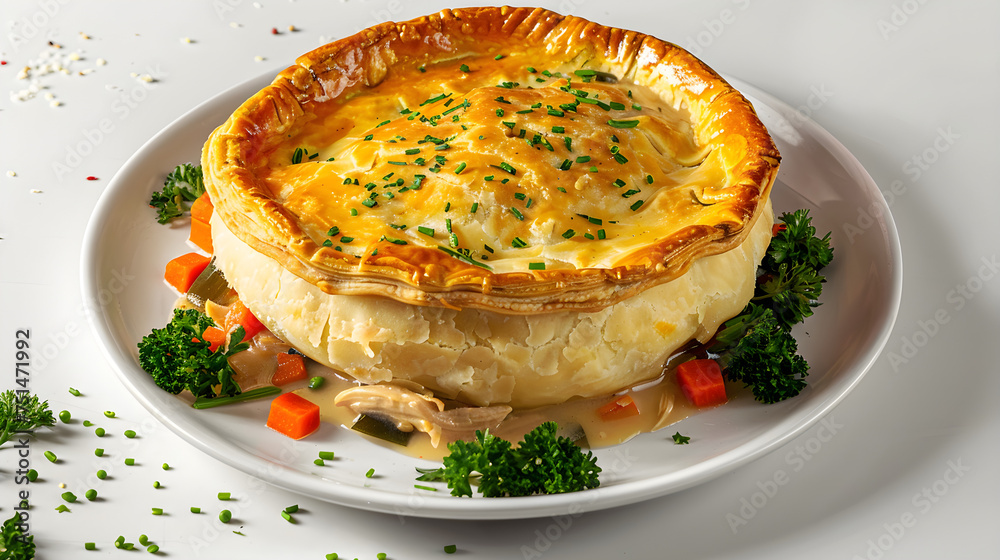 Golden chicken pot pie on plate with vegetables Golden chicken pot pie on plate with vegetables