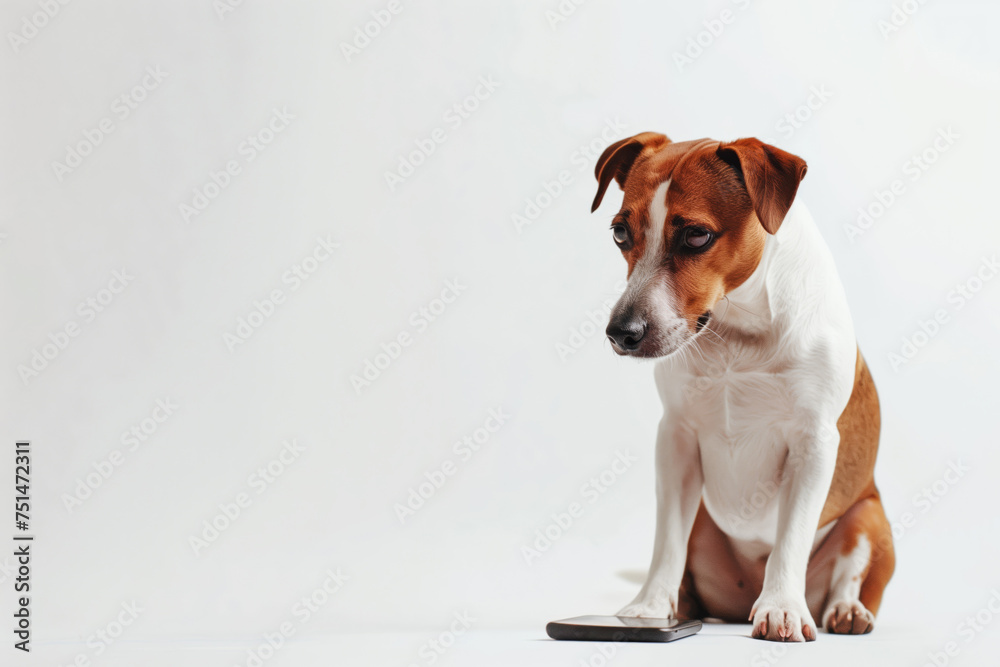 The dog interacts with an electronic device, a phone a virtual reality glasses a virtual reality tablet The dog interacts with an electronic device, a phone a virtual reality glasses a virtual reality tablet