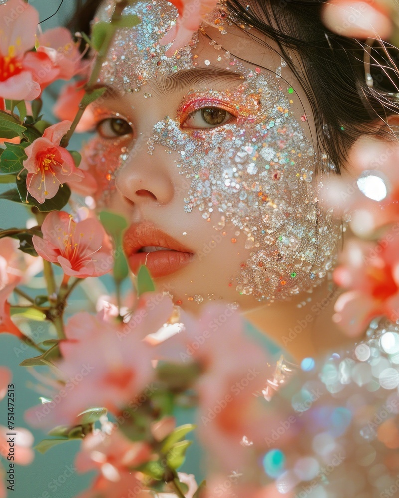 Close-up portrait of a woman with glittery makeup and floral decorations, evoking a connection to nature and fantasy aesthetics Close-up portrait of a woman with glittery makeup and floral decorations, evoking a connection to nature and fantasy aesthetics