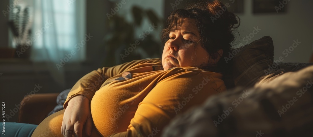 Portrait of a thoughtful woman sitting on a cozy couch with her head down looking sad and pensive - obrazy, fototapety, plakaty 