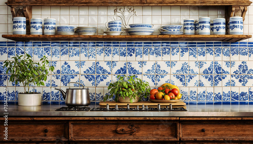 A beautiful kitchen with blue and white tiles, a wooden shelf, and a stainless steel countertop On the countertop is a kettle, a cutting board with tomatoes, and some potted plants photo