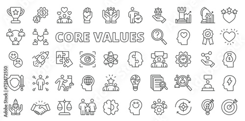 Core values icons in line design. Growth, business, icons, infographic, focus, creativity, gear, core, optimism, goal isolated on white background vector. Core values editable stroke icons.