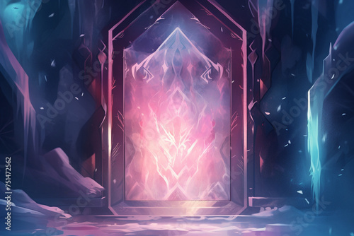 A frozen doorway adorned with ice sculptures of mythical creatures illuminated by a trail of fire leading through it dark fantasy flat design soft lighting tarot card