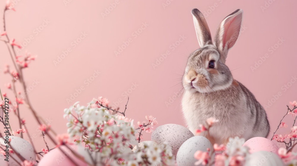 Easter Bunny with chocolate easter eggs on pink pastel wall banner