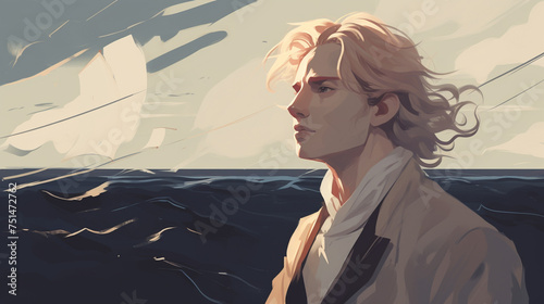 A lone sailor on deck gazing out at the horizon with the wind blowing through their hair and the smell of salt in the air dark fantasy flat design soft lighting tarot card