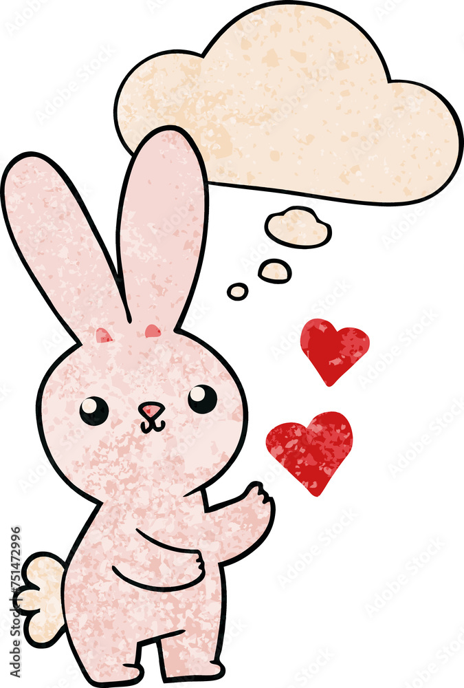 cute cartoon rabbit with love hearts and thought bubble in grunge texture pattern style