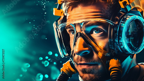 A scuba diver underwater relying on their oxygen tank and regulator for breathing Double exposure blend mode Bad side photo