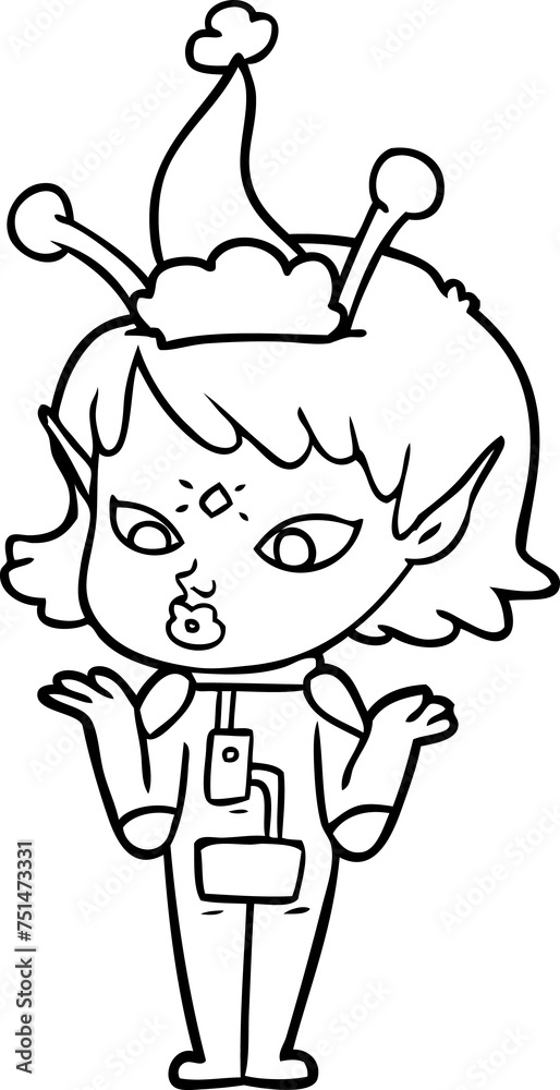 pretty line drawing of a alien girl wearing santa hat pretty line drawing of a alien girl wearing santa hat
