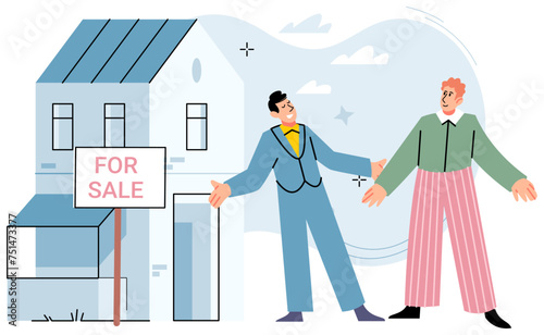 Buying and choosing housing. Vector illustration The estate agent provided valuable insights into real estate market Investing in property was considered secure long-term investment The mortgage
