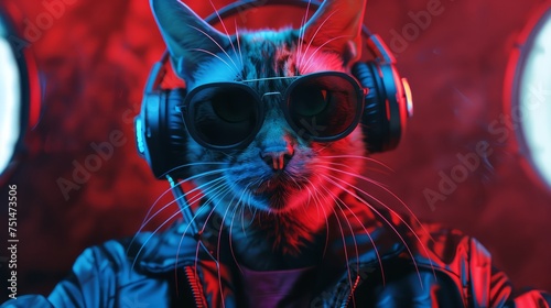 fantasy cat portrait in sunglasses and headphones