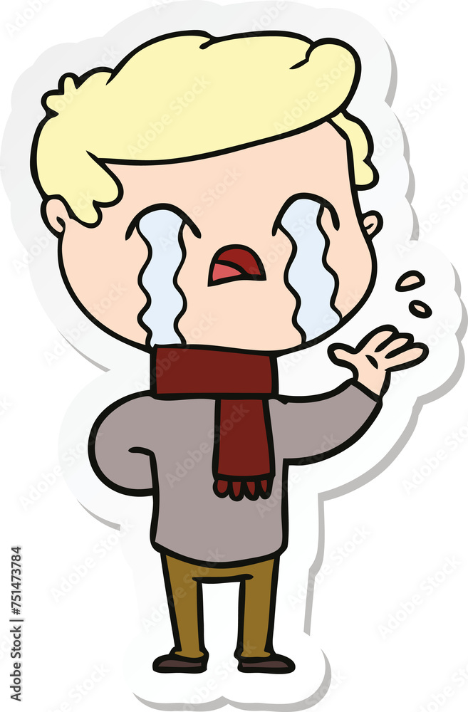 sticker of a cartoon man crying wearing winter scarf