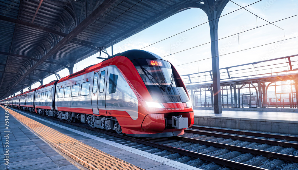 A sleek red and silver high-speed train sits at a station, ready to whisk passengers away to their destinations