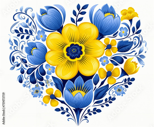 a heart shaped arrangement of blue and yellow flowers on a white background with a blue and yellow border around the center, generative ai