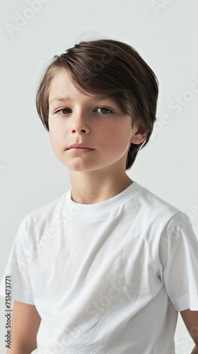Young boy wearing white blank t-shirt on white background, t-shirt template, mockup, studio shot, child wearing shirt. young boy wearing white tshirt for mock up on neutral background. Generative ai