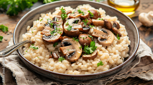 Bowl of creamy mushroom risotto with truffle