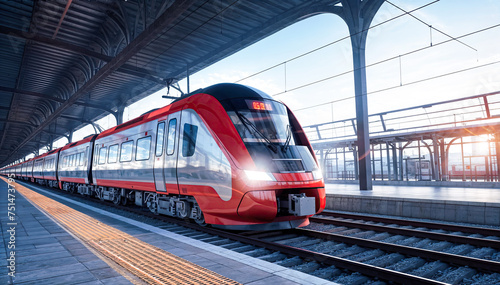 A sleek red and silver high-speed train sits at a station, ready to whisk passengers away to their destinations