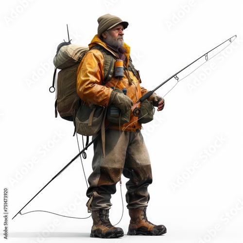 fisherman with a fishing rod isolated on white