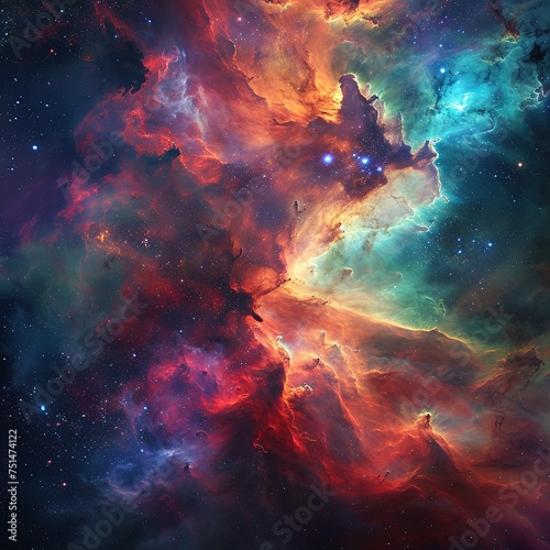 Visually stunning image, high contrast with deep blacks that make colors pop, in the heart of a vibrant multicolored nebula. Galaxy with colorful nebula, shiny stars and heavy clouds