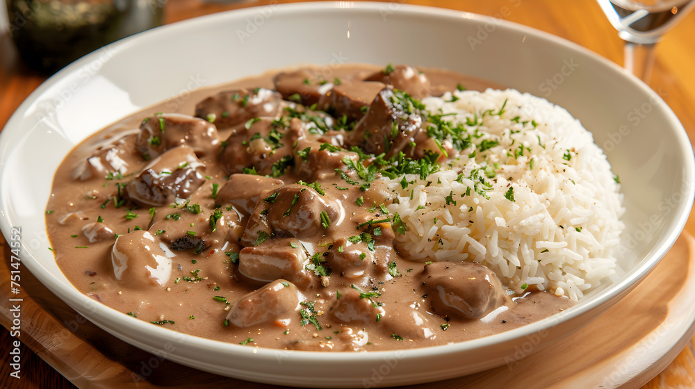Beef stroganoff with rice garnished with parsley Beef stroganoff with rice garnished with parsley