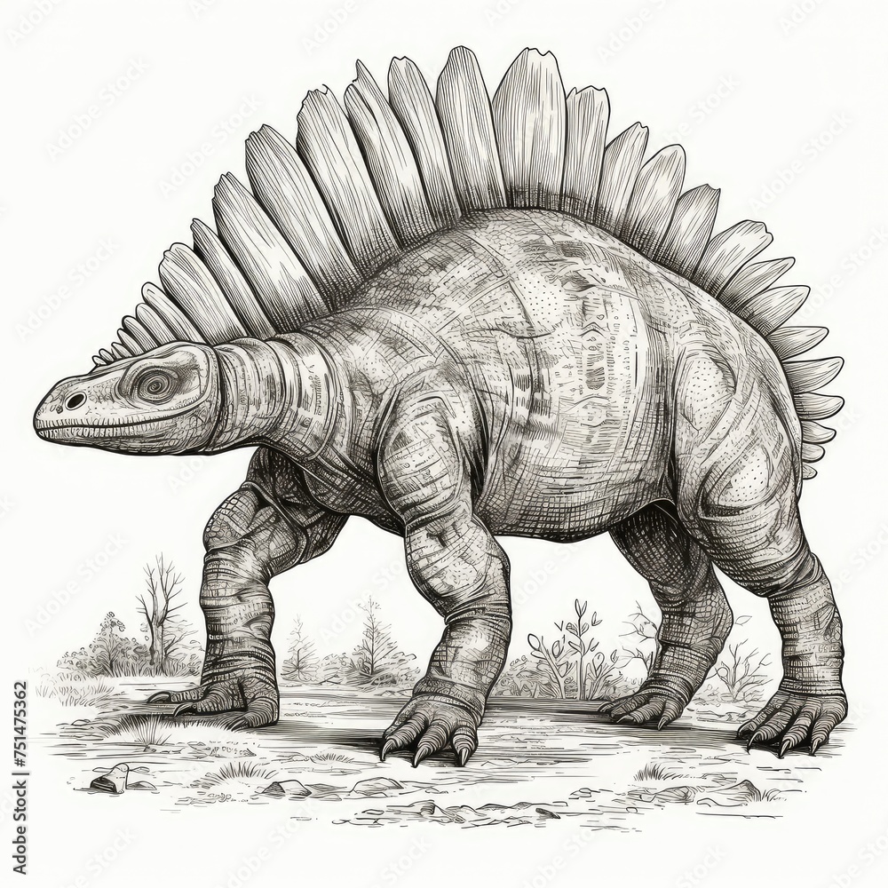 Fototapeta premium Dinosaur Sketch, Hand Drawn Sketched Stegosaurus Dino, Engraving Dinosaurs, Ink Jurassic Monster