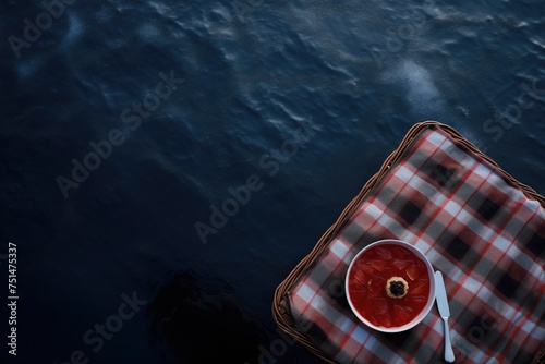 A plaid plaid with a pie on it is spread out on the dark blue ice of a frozen lake photo