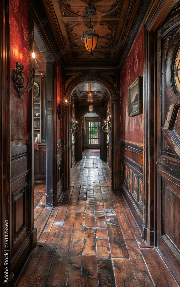 Elegant hallway, dark wood panels, golden accents, luxurious lighting.