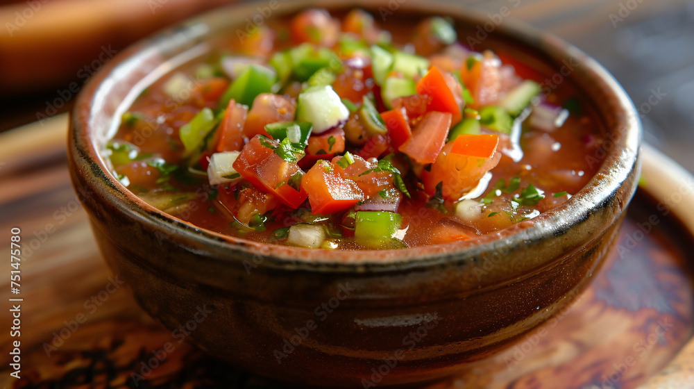 Bowl of refreshing gazpacho soup with diced