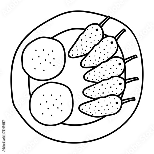 Peri peri bites outline concept, green chillies filled with minced chicken vector design, Fast Food hand draw symbol, Junk food sign, english american cuisine stock illustration 