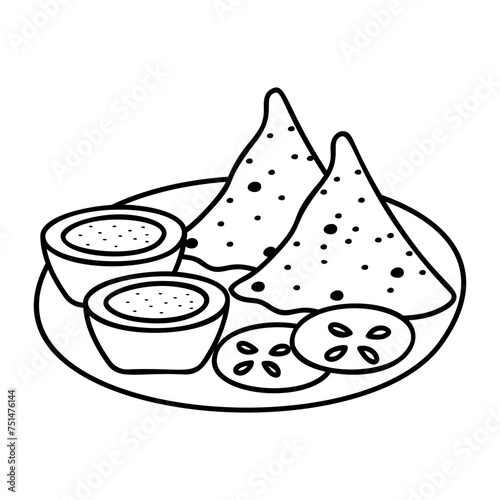 Vegetables Samosa with 2 types sauces outline concept, sambusaj vector design, Fast Food hand draw symbol, Junk food sign, english american cuisine stock illustration 
