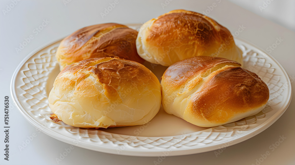 Freshly baked golden dinner rolls on plate