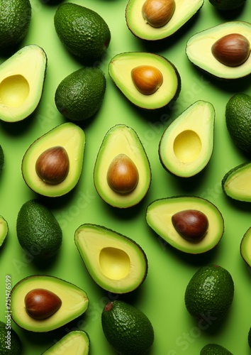 Many fresh ripe avocados on pastel background,top view food concept Generative Ai.