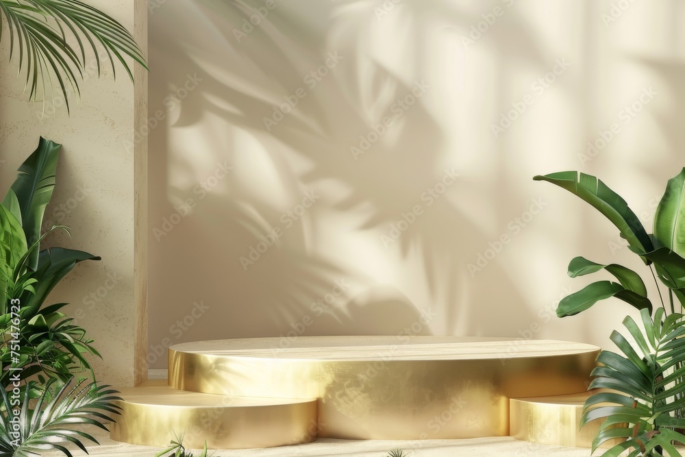 white marble Podium stand studio room luxury gold color background 3d pedestal platform background. Premium golden light scene luxurious style floor stage modern mockup base. vase tree leaf shadow  - obrazy, fototapety, plakaty 
