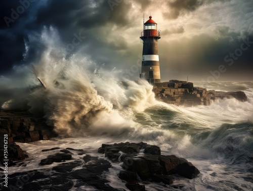 Lighthouse in Storm, Stormy Ocean Landscape and Lighthouse