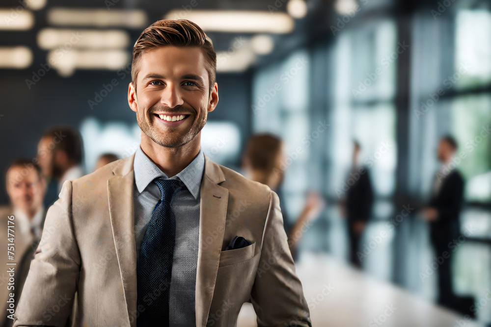 smiling handsome businessman standing in front of team, at meeting room office, smiling at camera	