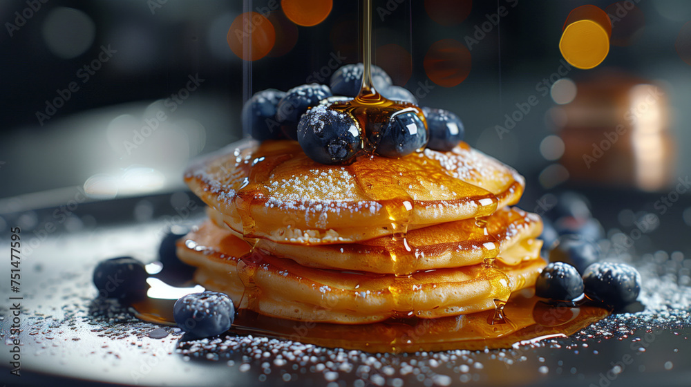 Fluffy pancakes, pancakes closest stack with berries on top drizzled with fresh honey, maple syrup Fluffy pancakes, pancakes closest stack with berries on top drizzled with fresh honey, maple syrup