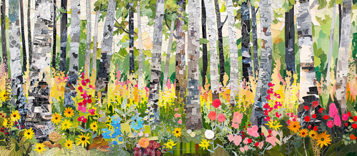 Spring birch painting. Modern art and nature. Summertime concept. Banner