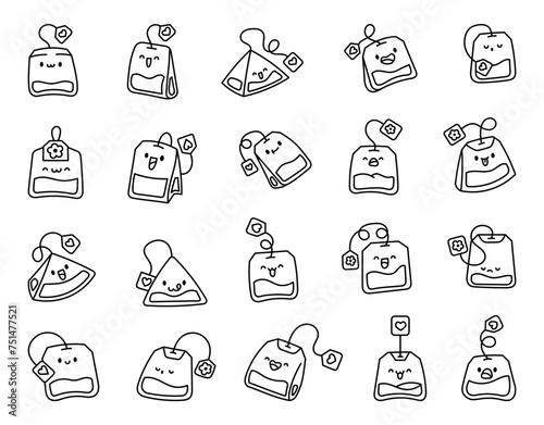 Cute kawaii tea bag cartoon character. Coloring Page. Hand drawn style. Vector drawing. Collection of design elements.