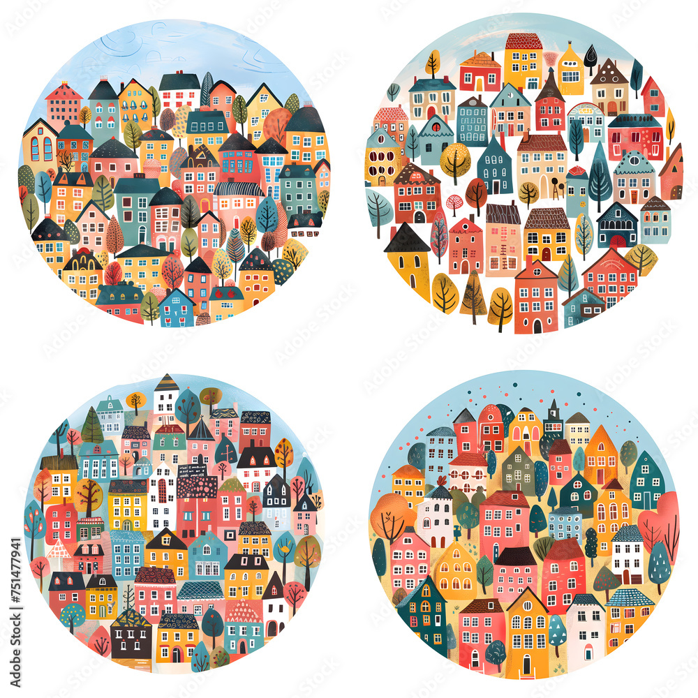 Simple geometric city colorful landscape in flat style. Circle shape composition