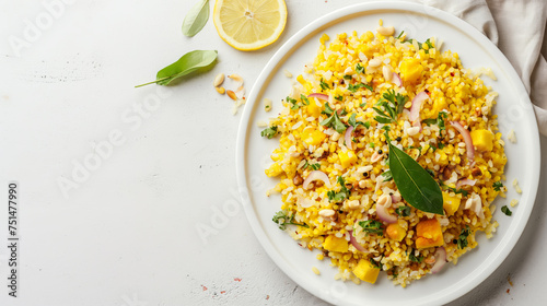 A plate of Aloo Poha garnished with curry leaves, chopped onions, and a lemon slice on a light grey background photo