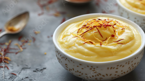 A white bowl of creamy mango shrikhand garnished with saffron threads on a canvas background photo