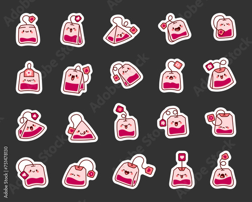 Cute kawaii tea bag cartoon character. Sticker Bookmark. Hand drawn style. Vector drawing. Collection of design elements.