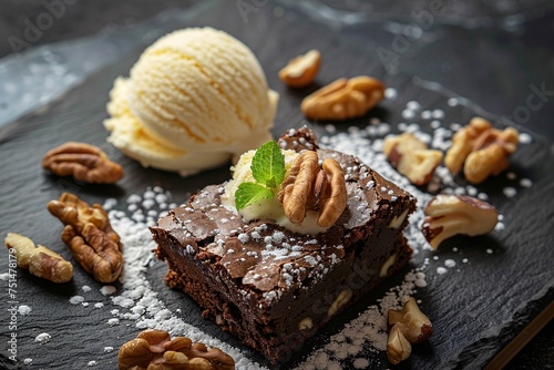 a brownie with ice cream and nuts