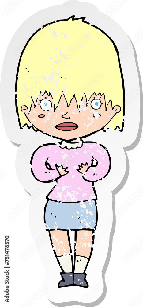 retro distressed sticker of a cartoon woman making Who Me gesture retro distressed sticker of a cartoon woman making Who Me gesture