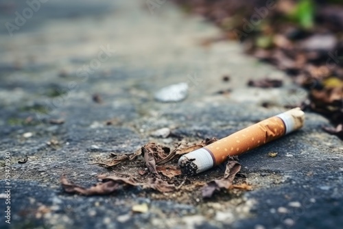 Smoldering cigarette amidst dry leaves on urban pavement, highlighting pollution and health dangers. Smoldering Cigarette in Urban Setting