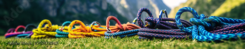A row of colorful ropes, red, yellow, blue, and green, lies on a lush green field with snow-capped mountains in the background. This image evokes a sense of vibrancy and tranquility.
