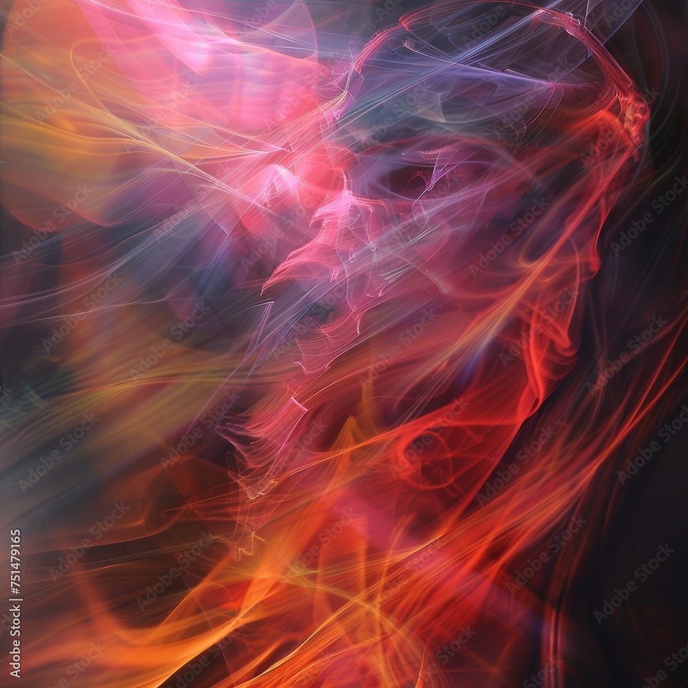 Abstract swirls of red, orange, and purple smoke against a black background.