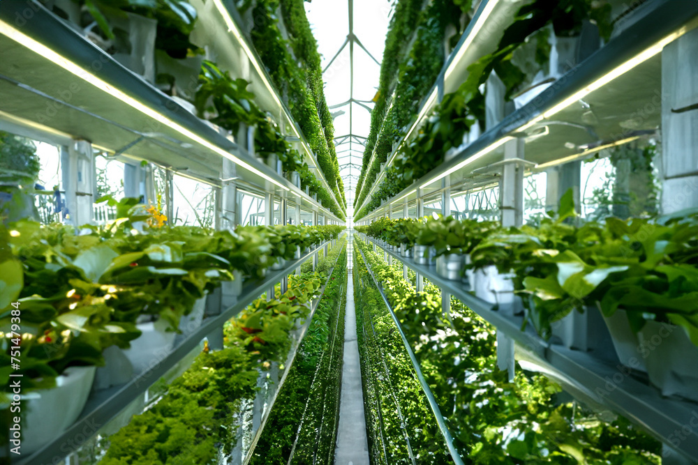 A vertical farming and hydroponics. Sustainable agriculture with thriving greenery.