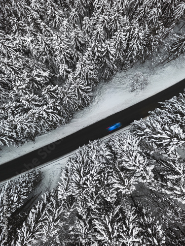 Winter Contrast: Aerial View of a Lone Car on Snow-Covered Forest Road 