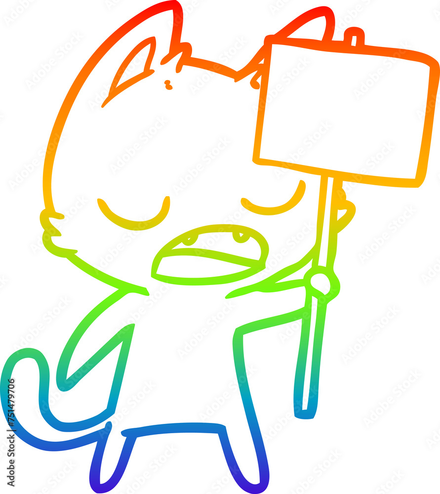 rainbow gradient line drawing talking cat cartoon with placard