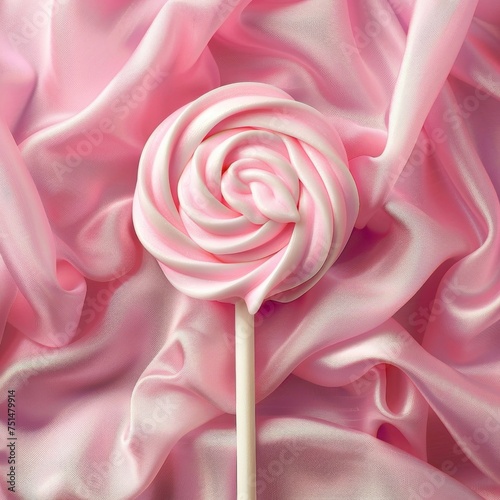 A creamy pink lollipop swirl, meticulously crafted, set against a flowing, silky pink fabric background suggests softness photo